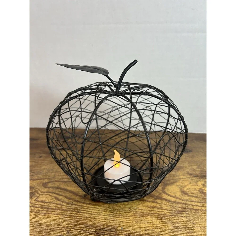Vintage Black Wire Apple Candle Holder Teacher Fall Gift Farmhouse Decor 7 inch